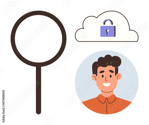 Magnifying glass near smiling user portrait and cloud with locked padlock. Ideal for data security, identity authentication, privacy protection, online safety, cyber access, user verification, simple