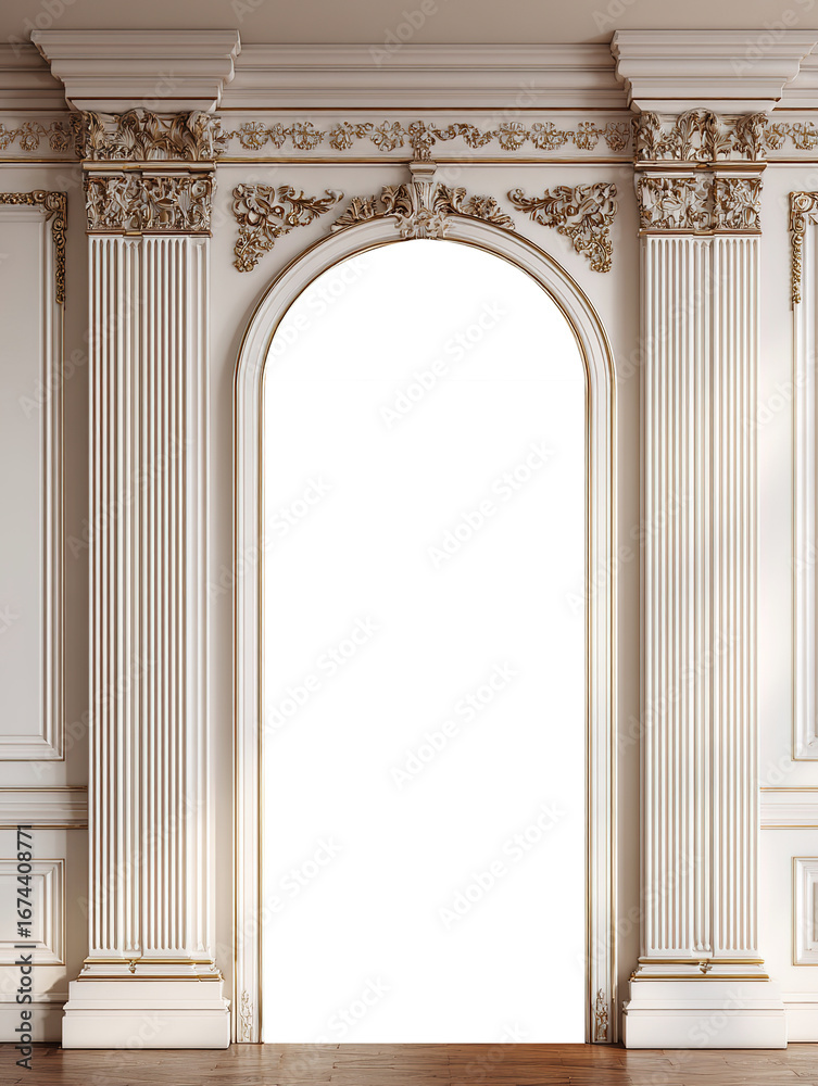 Fototapeta premium classical decorative arch with columns and stucco in interior, elegant architectural element in baroque or neoclassical style on transparent background