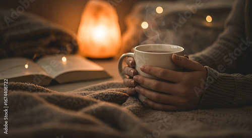 Cozy hands holding steaming mug with book and salt lamp for warm relaxation and hygge atmosphere