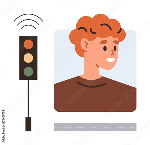 Red-haired individual next to traffic light with wireless signal and road element. Ideal for traffic safety, technology, public awareness, driver education, urban planning, transportation, simple