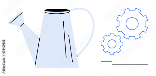 Watering can beside rotating gears symbolizing nurture and collaboration for productivity, growth, innovation, teamwork, success, optimization. Ideal for strategy, transformation, planning simple