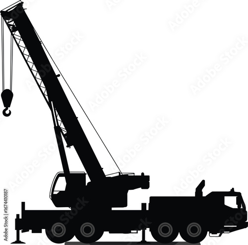Heavy duty mobile crane truck silhouette, industrial lifting equipment, construction machinery, transportation vehicle, boom crane illustration, vector engineering icon