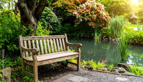 Wooden park bench by a tranquil pond