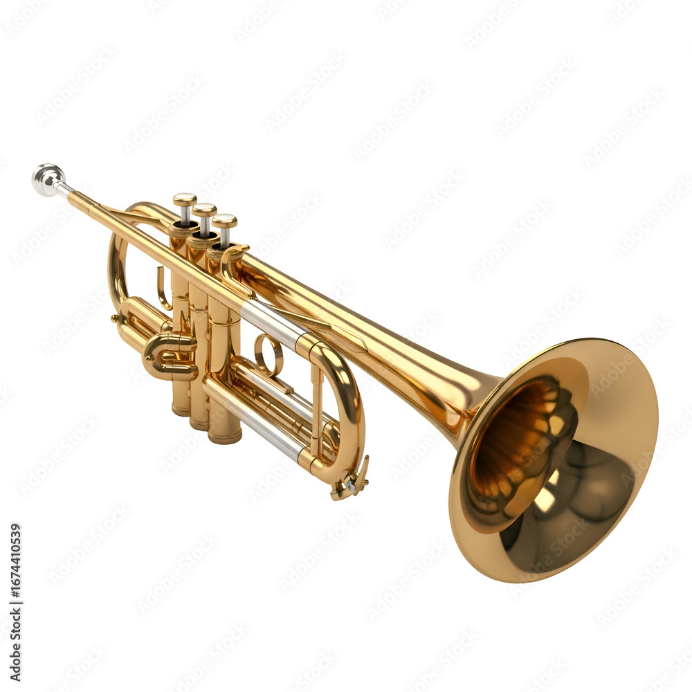Obraz premium Trumpet's Golden Gleam: A 3D Model with Transparent Background, Detailed Valves and Shiny Brass Finish