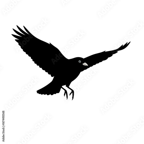 Black crow flying with wings spread isolated on transparent background
