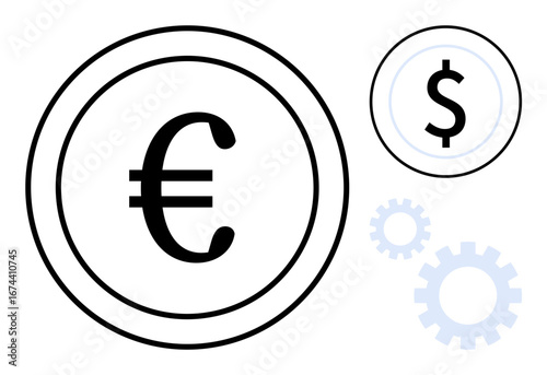 Euro and dollar currency signs placed in circular frames alongside gears, suggesting a connection between money, industry, and automated operations. Ideal for finance, economy, automation, business