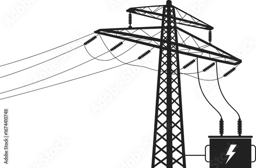 High voltage electricity transmission tower with power transformer, energy infrastructure, power lines, electrical grid structure, black silhouette on white background