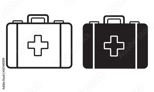 First aid kit icons two styles black and white medical emergency supplies aid bag