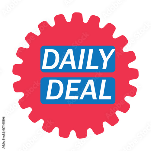 Bright red gear shape with white text daily deal announces special offer