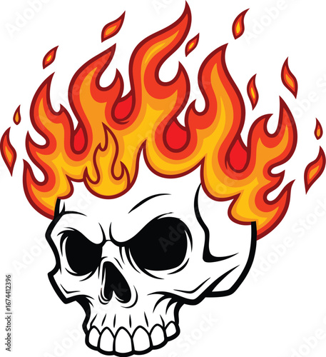 Flaming skull illustration with vibrant orange and yellow flames on a white background