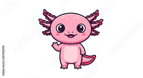 Cute Pink Axolotl Cartoon Character Waving