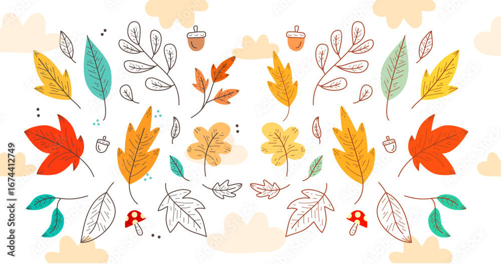 Fototapeta premium Collection of colorful autumn leaves and berries in various shapes and shades of orange, red, yellow, brown, and purple. Perfect for seasonal design, decorations, and fall-themed projects.