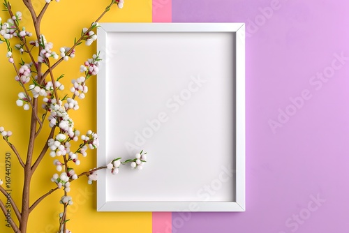 A vertical empty white rectangular frame mockup decorated with a lovely blooming spring cherry blossom branch displayed over a colourful pastel yellow pink and purple background.
