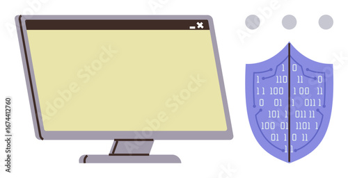 Desktop screen beside shield with binary code, symbolizing security, privacy, protection. Ideal for cybersecurity, online safety, digital defense, data privacy, antivirus secure systems simple flat