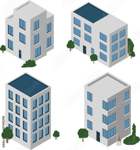 Vector illustration of modern city apartment buildings with glass windows and balconies against a blue sky