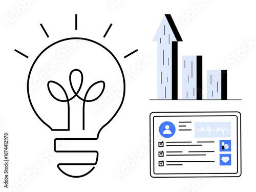 Lightbulb with plant idea, growth bar chart, profile analytics card with stats and icons. Ideal for technology, innovation, business growth, data analysis, entrepreneurship, sustainability simple
