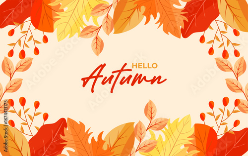 Bright Hello autumn background with colorful fall leaves, maple, and oak branches. Perfect seasonal vector design and illustration for banners, wallpapers, Thanksgiving, and nature-themed projects.