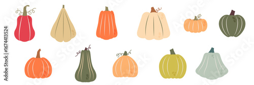 Charming assortment of hand-drawn pumpkins and gourds in warm autumnal colors—red, orange, green, beige, and pastel. Playful, flat illustration style perfect for fall and harvest themes.