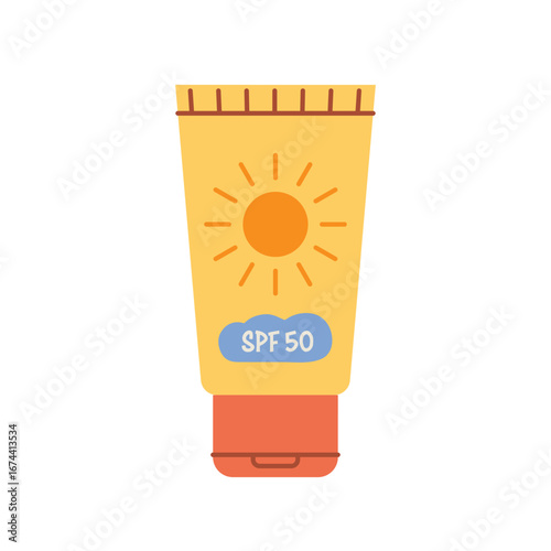 SPF cream tube; sunscreen cosmetic packaging, skincare product for summer, UV protection lotion design- vector illustration