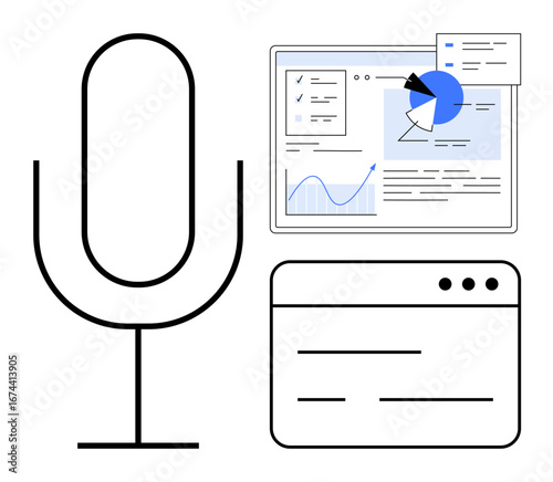 Microphone, analytics dashboard displaying data visuals, and user interface elements suggest data processing, voice recognition, and presentation. Ideal for AI, technology, workflow, productivity