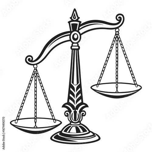 Classic black and white illustration of a decorative balance scale symbol