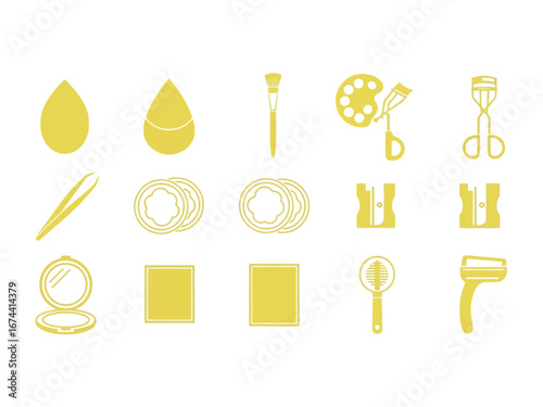 Beauty Essentials: A minimalist arrangement of makeup tools, including makeup sponge, brush, eye shadow palette, and mirror, elegantly presented in a clean and simple design.