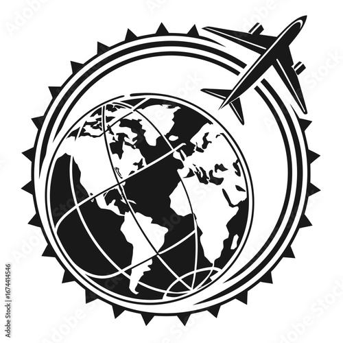 Global travel emblem featuring an airplane circling the earth with a stylized border
