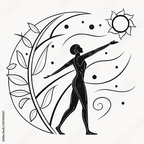 Graceful figure reaching for the sun amidst nature s embrace and swirling patterns