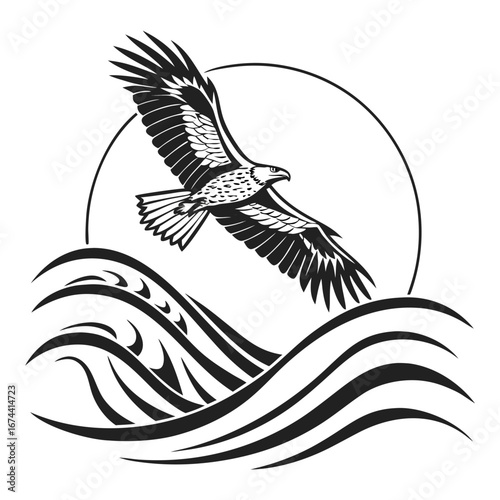 Majestic eagle soaring over stylized waves under a circular horizon