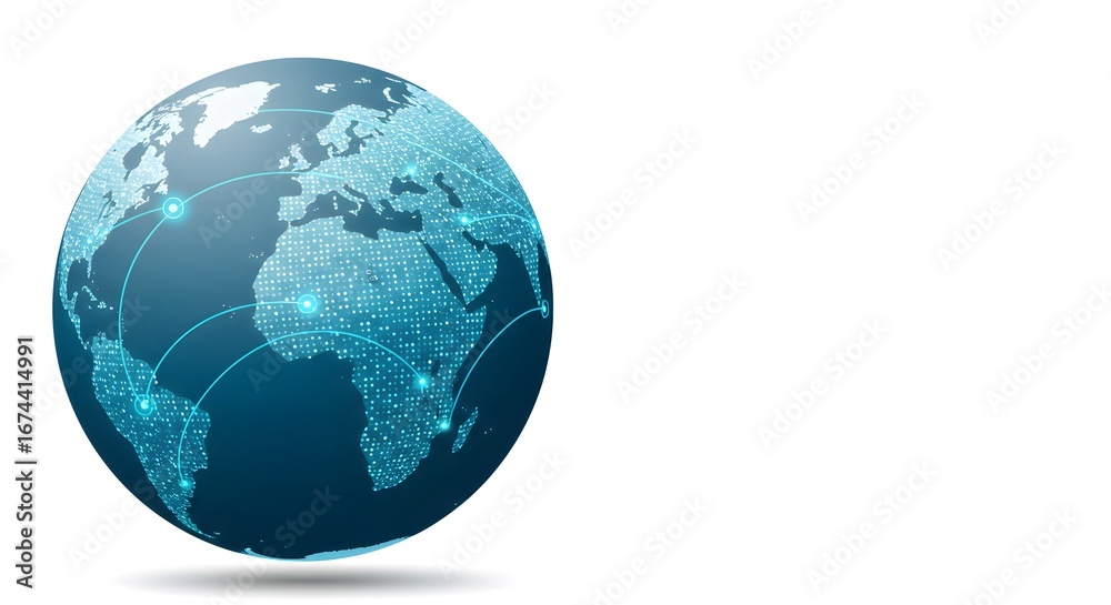 Fototapeta premium Global Network Connections: Futuristic Teal Earth with Data Points and Interconnected Lines.