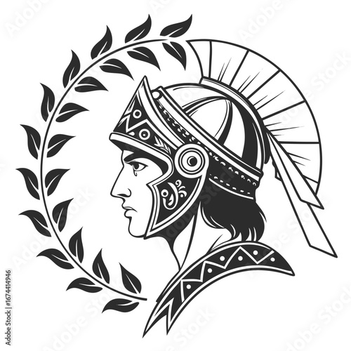 Profile of a roman centurion wearing an ornate helmet surrounded by a laurel wreath