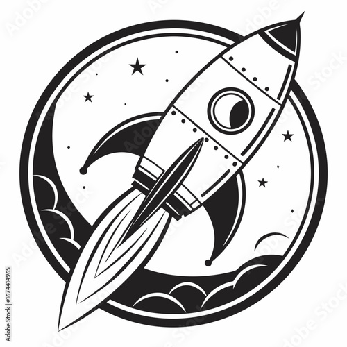 Retro rocket ship ascending through a cosmic circular emblem with stars and clouds