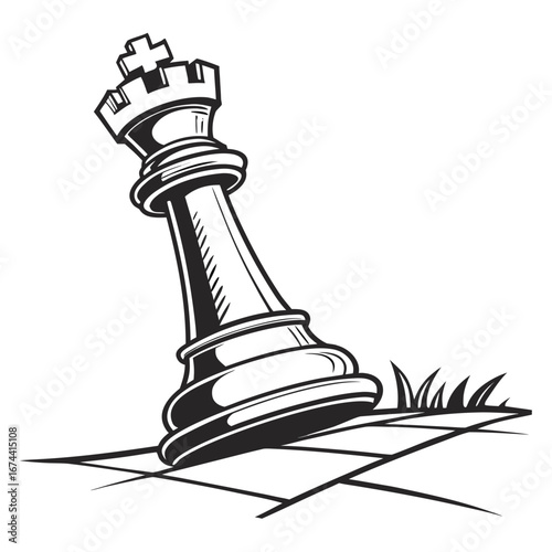 Stylized black and white chess king piece leaning on a chessboard with grass