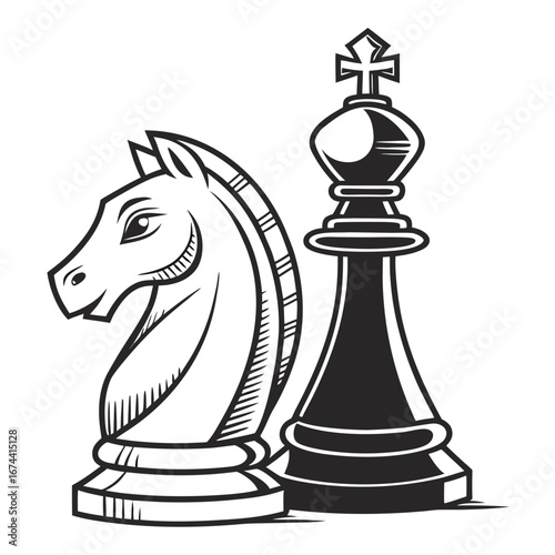 Stylized black and white chess pieces featuring a knight and a king