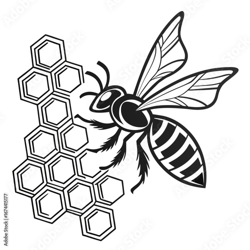 Stylized black and white illustration of a bee hovering near a honeycomb structure