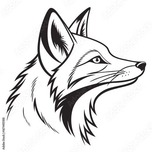 Stylized black and white illustration of a fox s head in profile