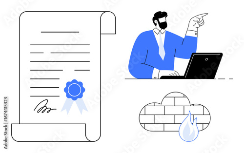 Signed document with stamp, businessman at laptop, firewall, and protection sign. Ideal for certification, approval, cybersecurity, contract management, compliance authentication e-signature