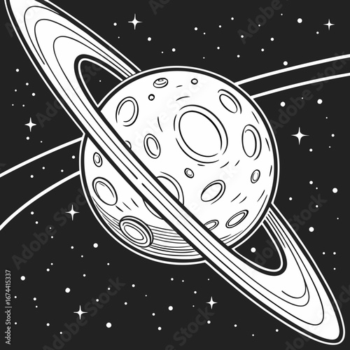 Stylized ringed planet with craters and stars in a black and white cosmic scene