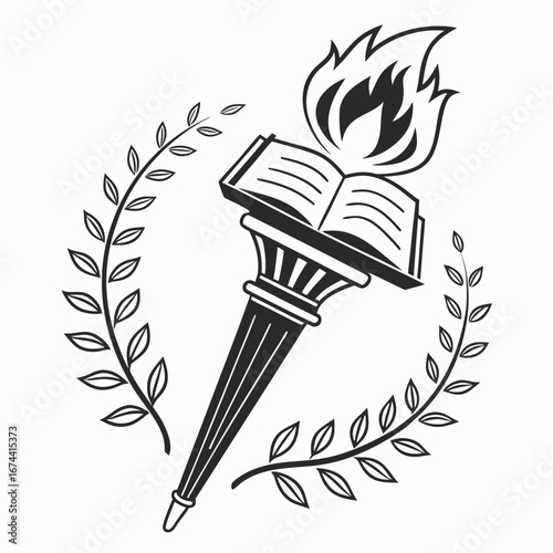 Symbol of knowledge and enlightenment a torch ignited from an open book surrounded by laurel wreaths