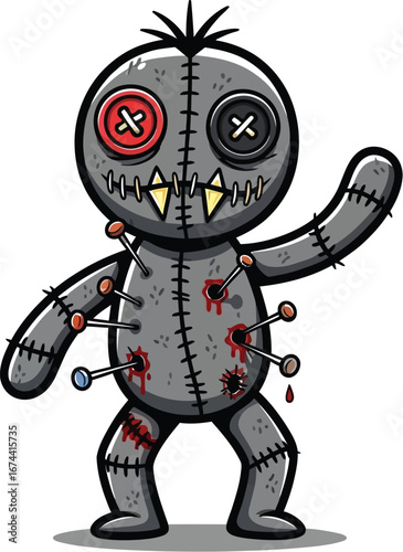 Cartoon voodoo doll with pins and button eyes stands on a white background