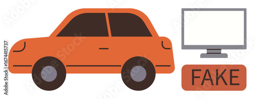 Orange car next to rectangular screen and fake label, symbolizing digital misinformation or counterfeit scenarios. Ideal for fraud prevention, cybersecurity, digital trust, authenticity