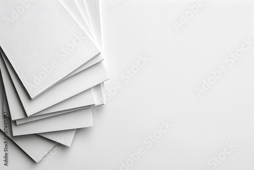 Stack of blank white softcover books gracefully fanned out on a clean white desk surface, creating a bright minimalist mockup template with ample empty space.