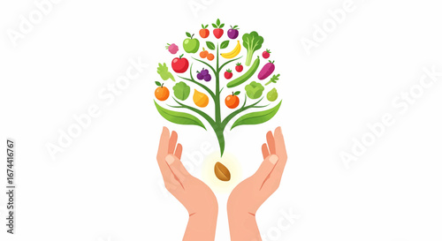 Celebrating World Food Day with hands nurturing a tree of fresh fruits and vegetables, promoting healthy eating and sustainable agriculture
