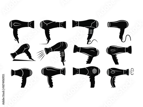 Hair Dryer Collection: A collection of minimalist silhouettes of modern hair dryers, offering a spectrum of designs and functionalities.