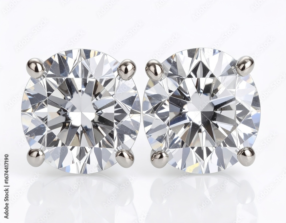 Fototapeta premium Sparkling Pair Exquisite Round Cut Diamond Stud Earrings on White Background