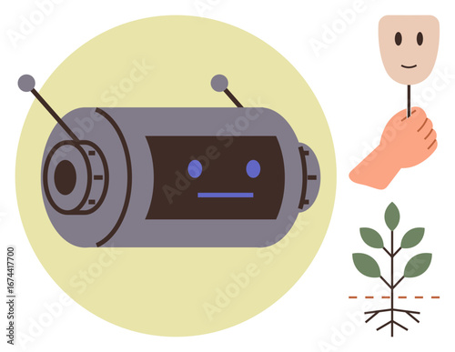 Robot head with neutral face, hand holding mask depicting emotions, plant with cut roots symbolizing growth and disconnection. Ideal for technology, emotions, humanity, environment, AI, ethics
