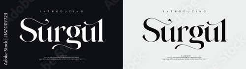 Surgul Elegant font alphabet uppercase lowercase and number. Classic lettering minimal fashion designs. Typography modern serif fonts regular decorative vintage concept. Vector illustration
