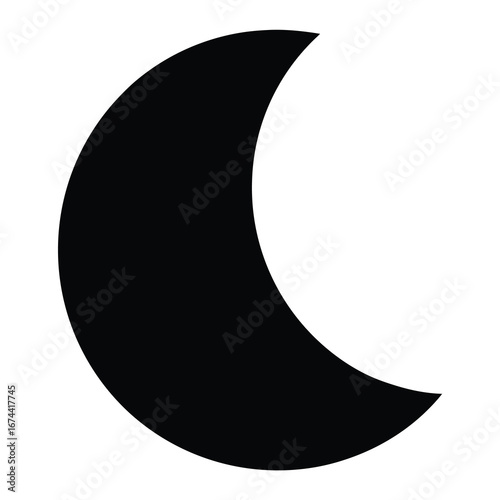 Simple black crescent moon shape on white background representing night and darkness