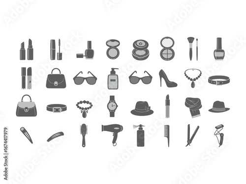 Elegant Beauty Collection: A meticulously curated collection of fashionable accessories and cosmetic essentials, designed with sleek linework to represent the epitome of grace and sophistication. 