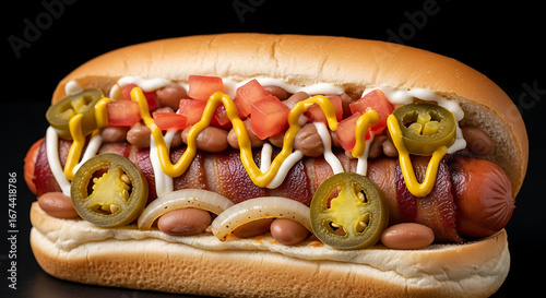 Mexican Style Hot Dog ,Sonoran style hot dog wrapped in bacon
